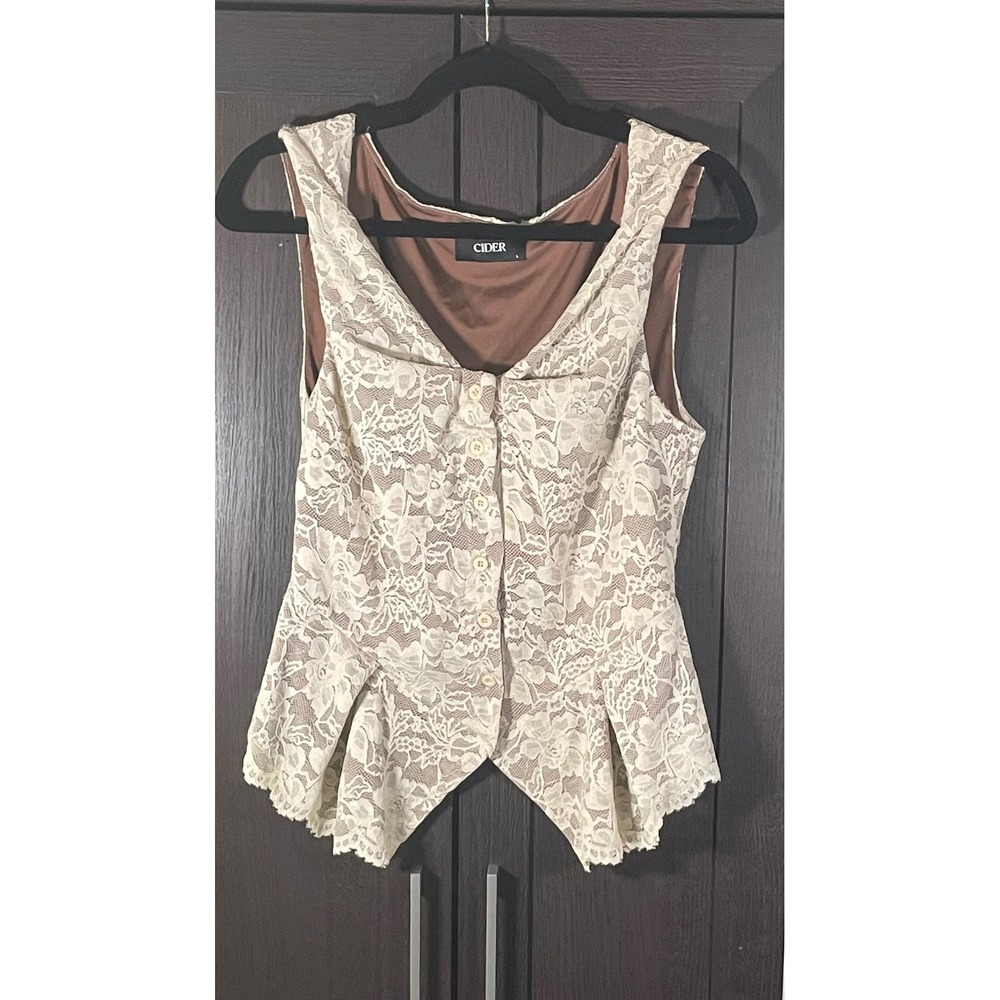 CIDER Women's L Ivory Floral Lace Peplum Vest Top Brown Coquette Cottagecore